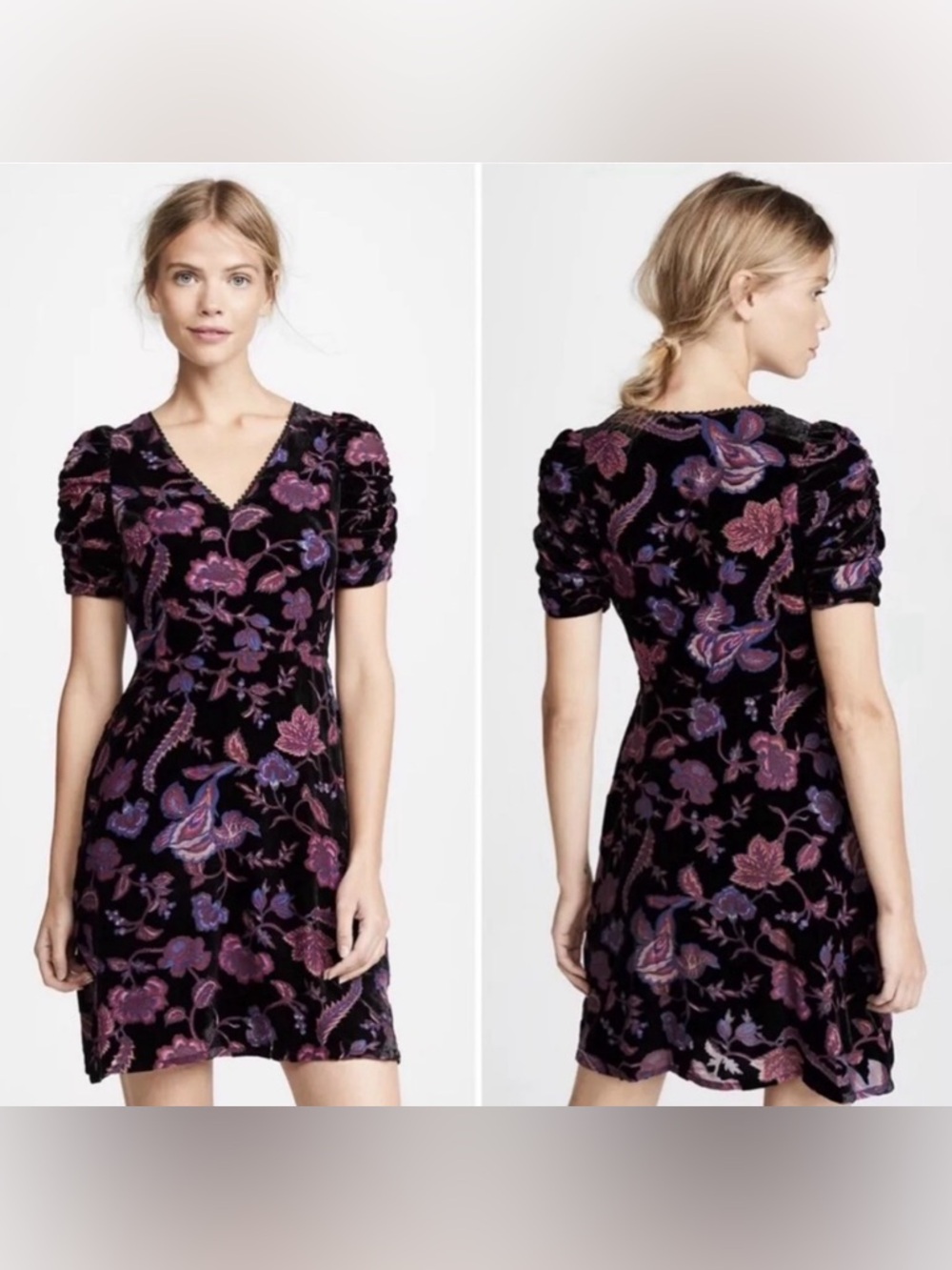 Rebecca Minkoff Black Velvet Purple & Blue Floral W/ Lace V-Neck Mini Dress